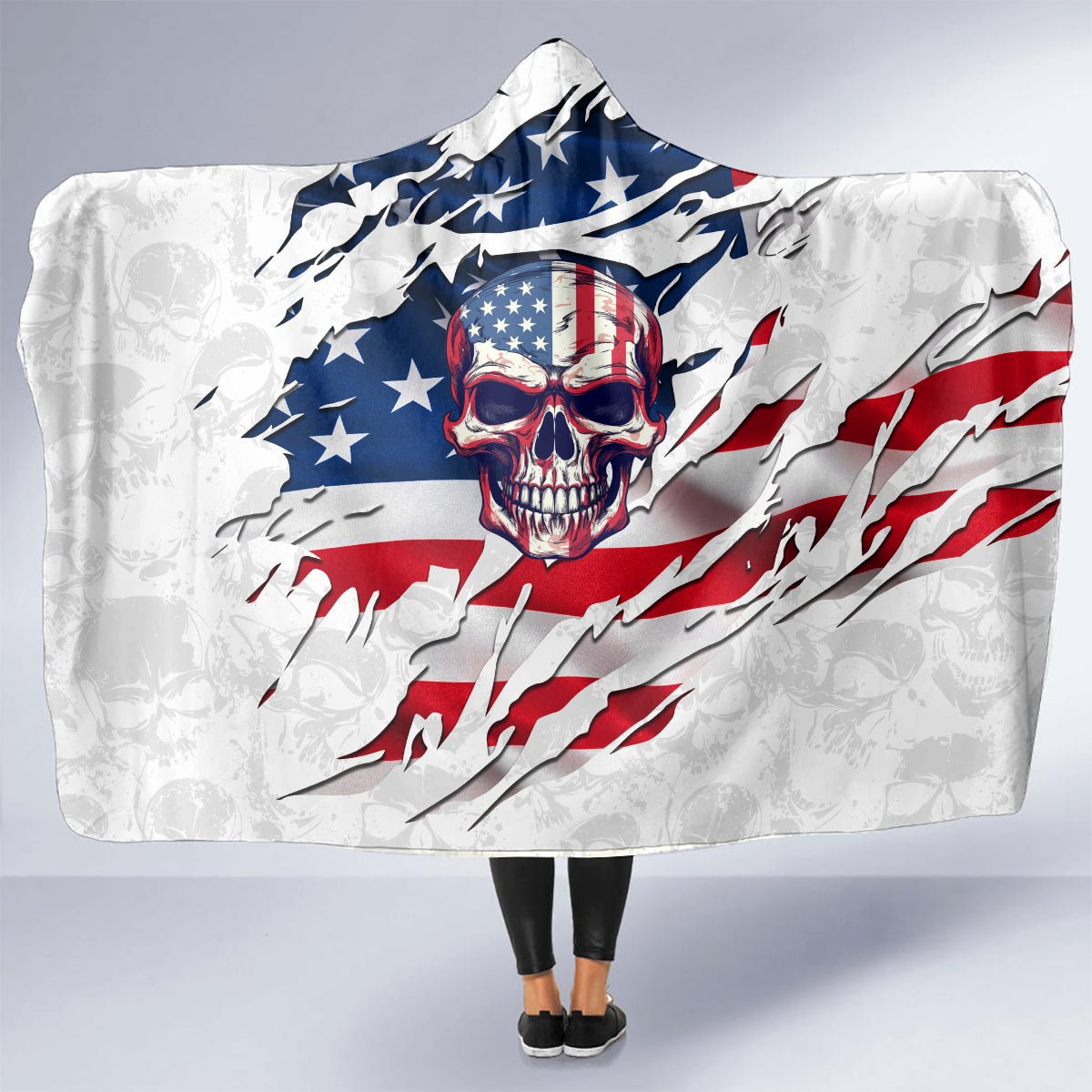 American Flag Skull Hooded Blanket DT02 - The Mazicc - Youth 60"x45" - One Size - White