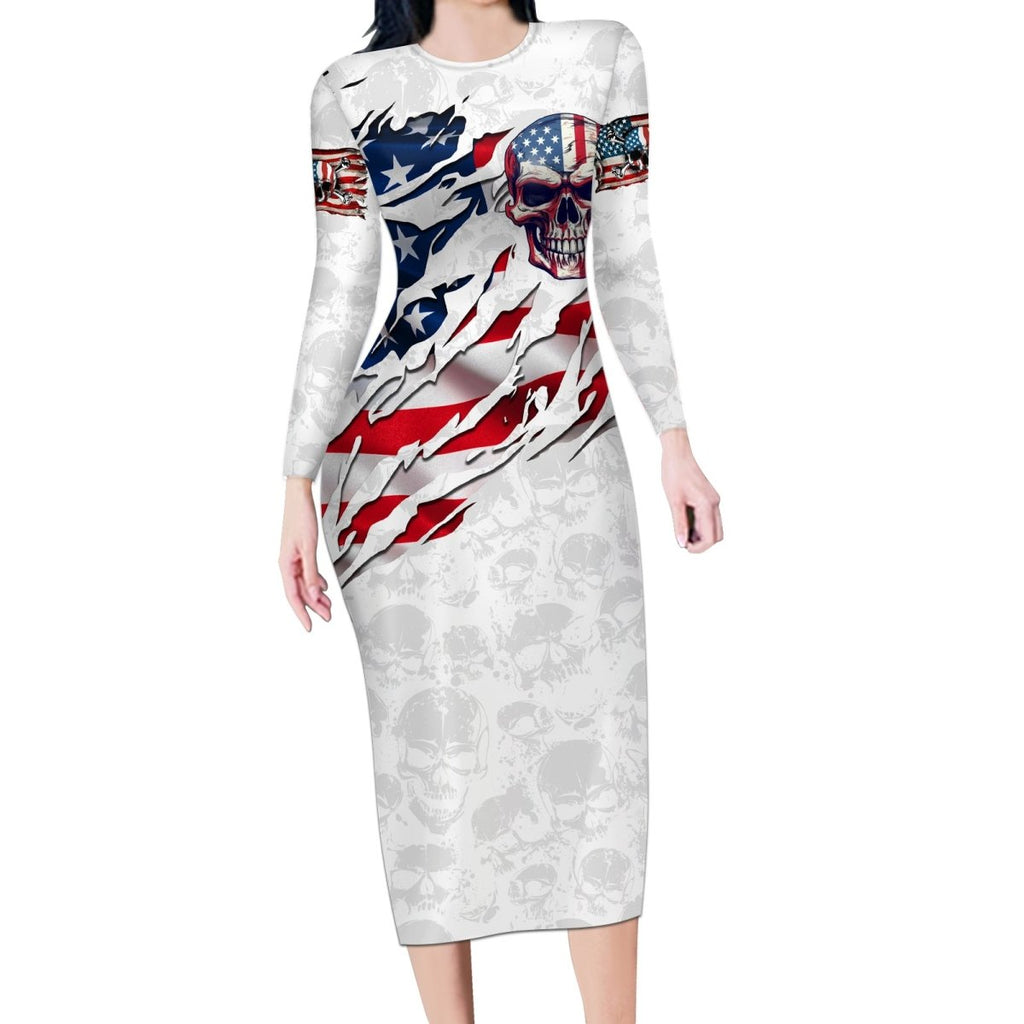 American Flag Skull Long Sleeve Bodycon Dress DT02 - The Mazicc - Long Dress - S - White