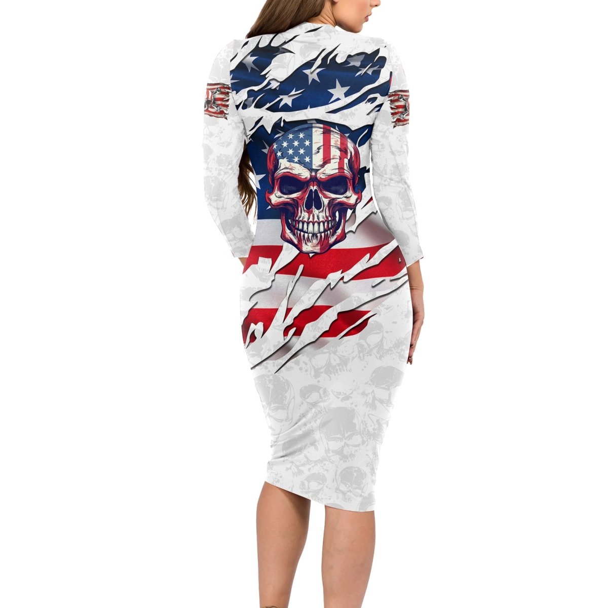 American Flag Skull Long Sleeve Bodycon Dress DT02 - The Mazicc - Long Dress - S - White