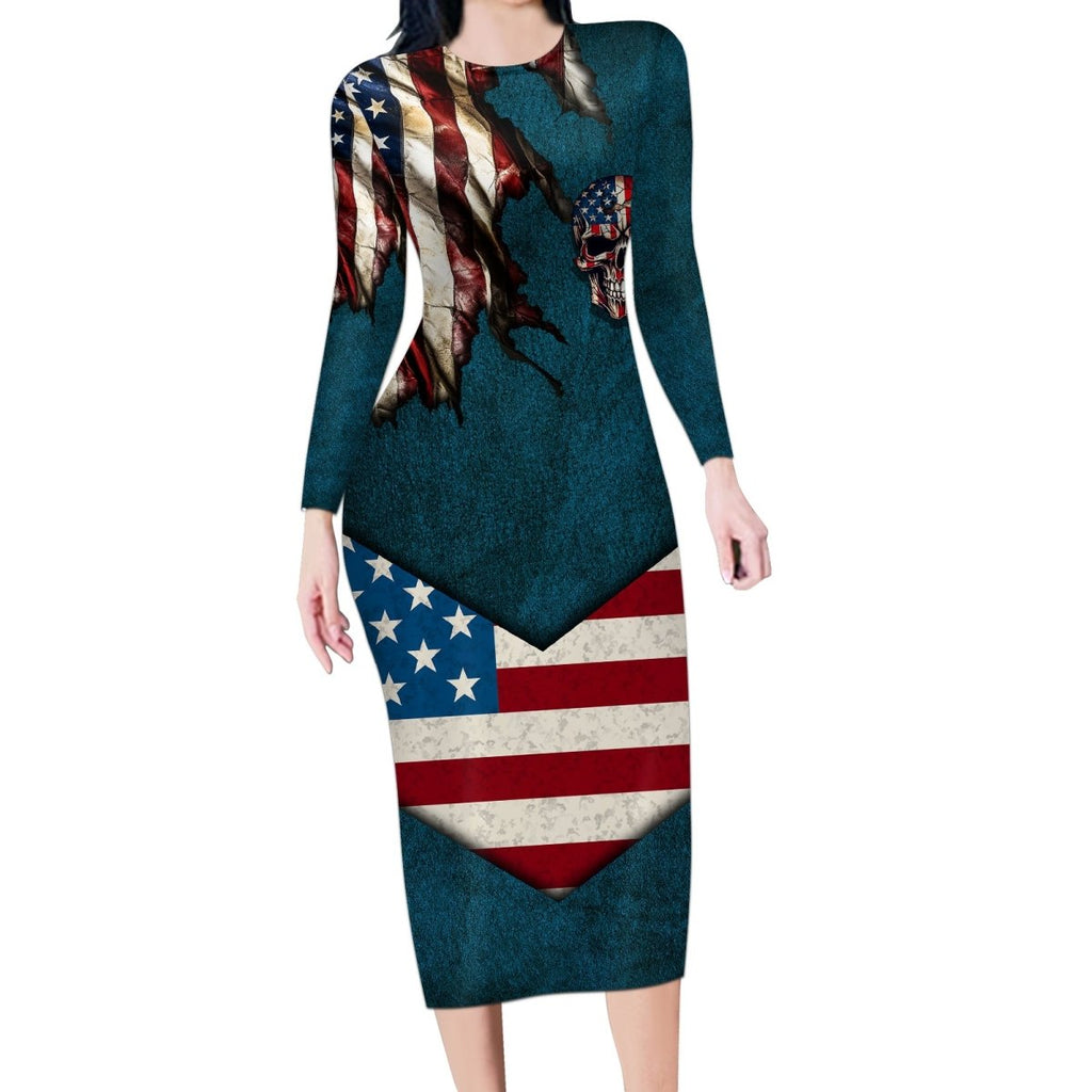 American Flag Skull Long Sleeve Bodycon Dress I'm an American I Have The Right To Bear Arms Your Approval Is Not Required TS04 - The Mazicc - Long Dress - S - Dark Cyan