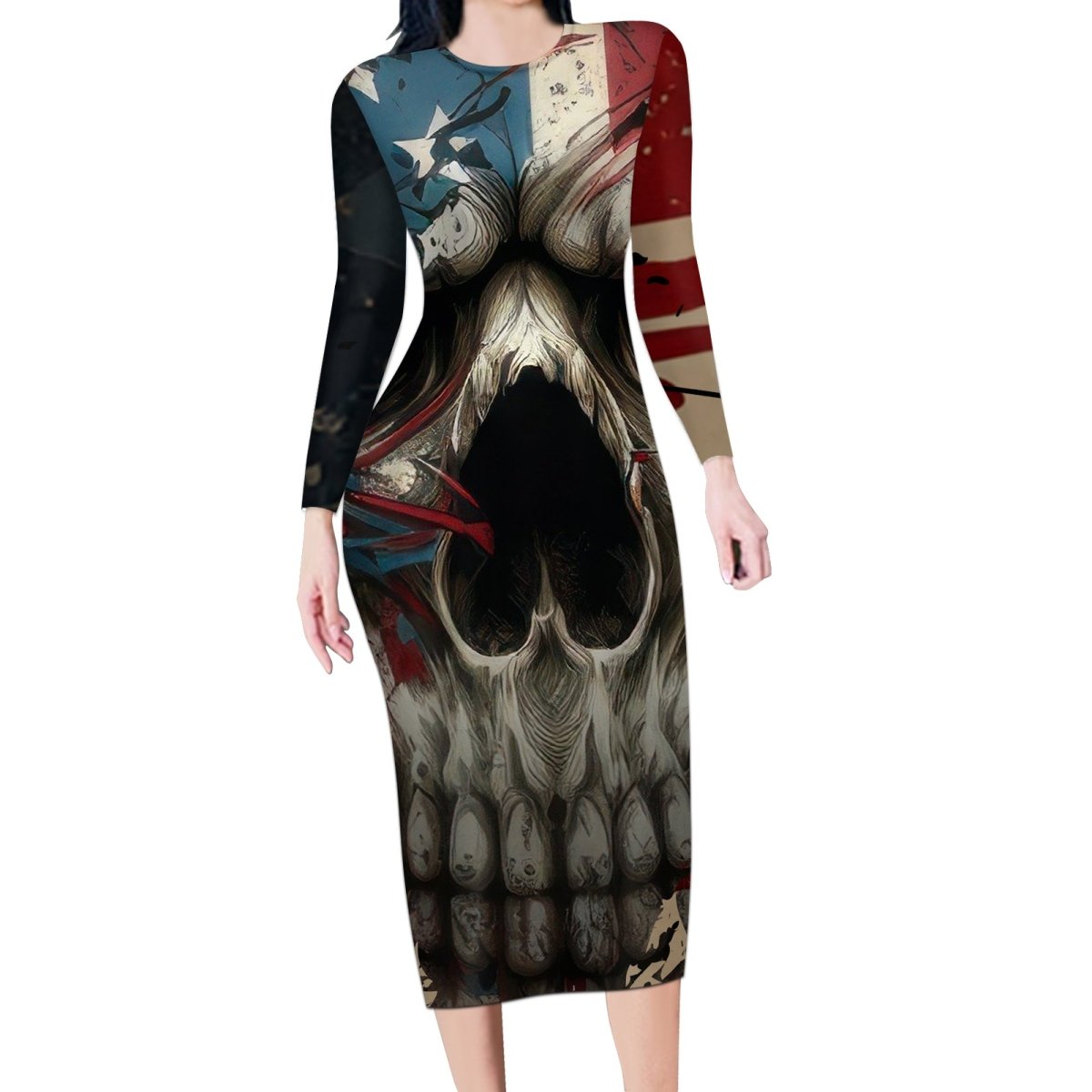 American Flag Skull Long Sleeve Bodycon Dress I'm Not Anti - Social I'm Just Not User Friendly TS04 - The Mazicc - Long Dress - S - Multicolor