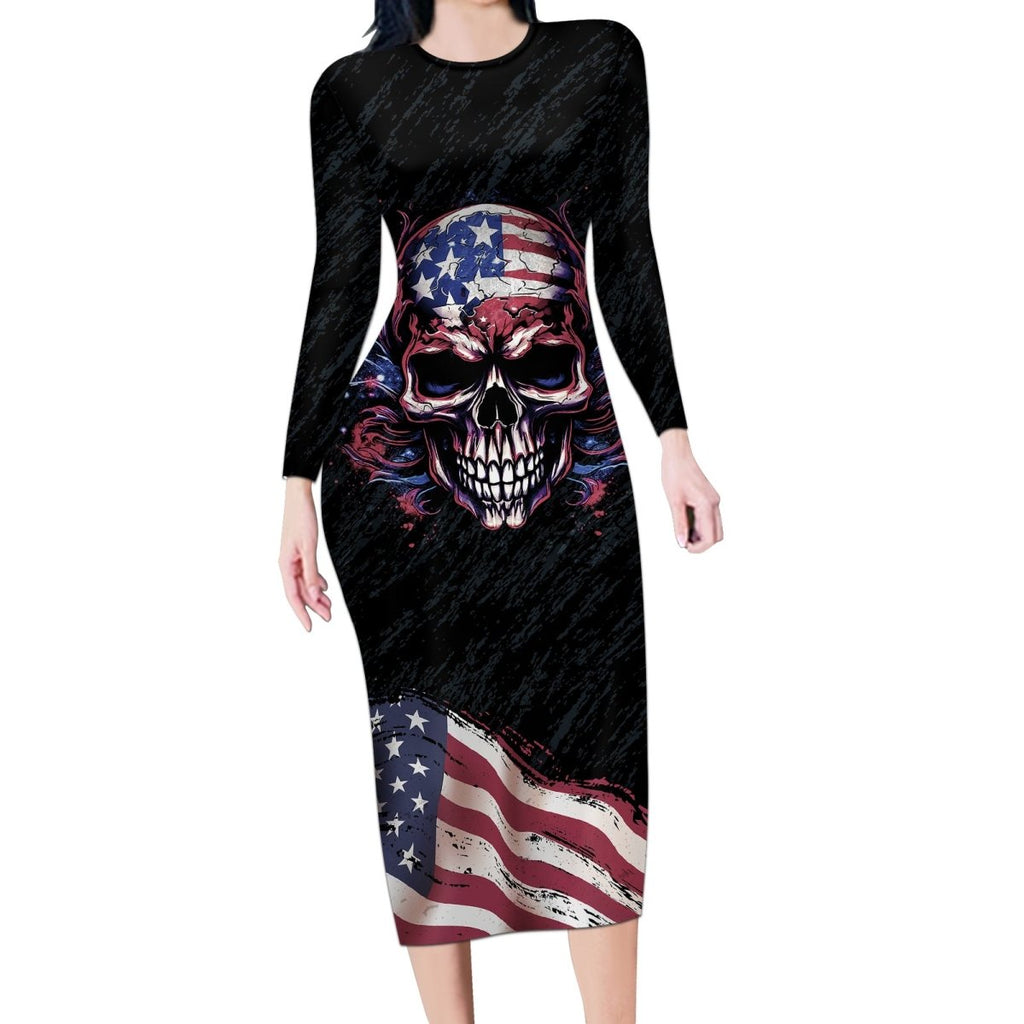 American Flag Skull Long Sleeve Bodycon Dress Sorry If My Patriotism Offends You Trust Me TS04 - The Mazicc - Long Dress - S - Black Grunge