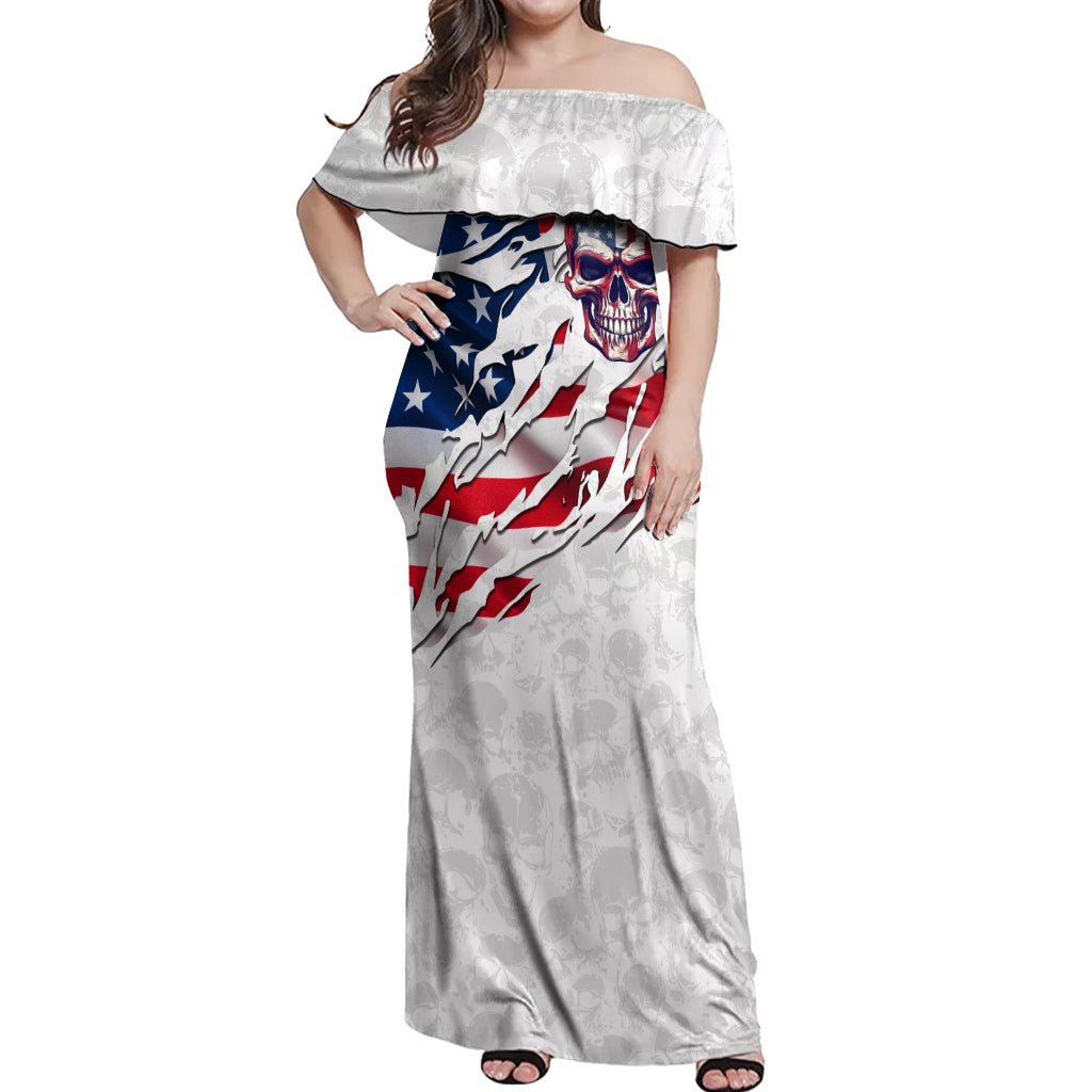 American Flag Skull Off Shoulder Maxi Dress DT02 - The Mazicc - Women - S - White
