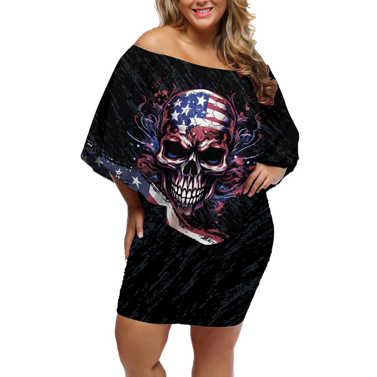 American Flag Skull Off Shoulder Short Dress Sorry If My Patriotism Offends You Trust Me TS04 - The Mazicc - Women - S - Black Grunge