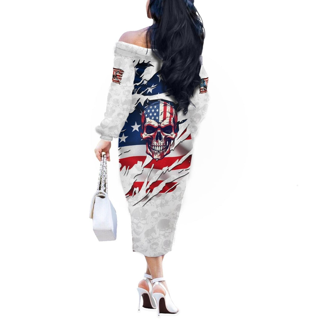 American Flag Skull Off The Shoulder Long Sleeve Dress DT02 - The Mazicc - Women - S - White