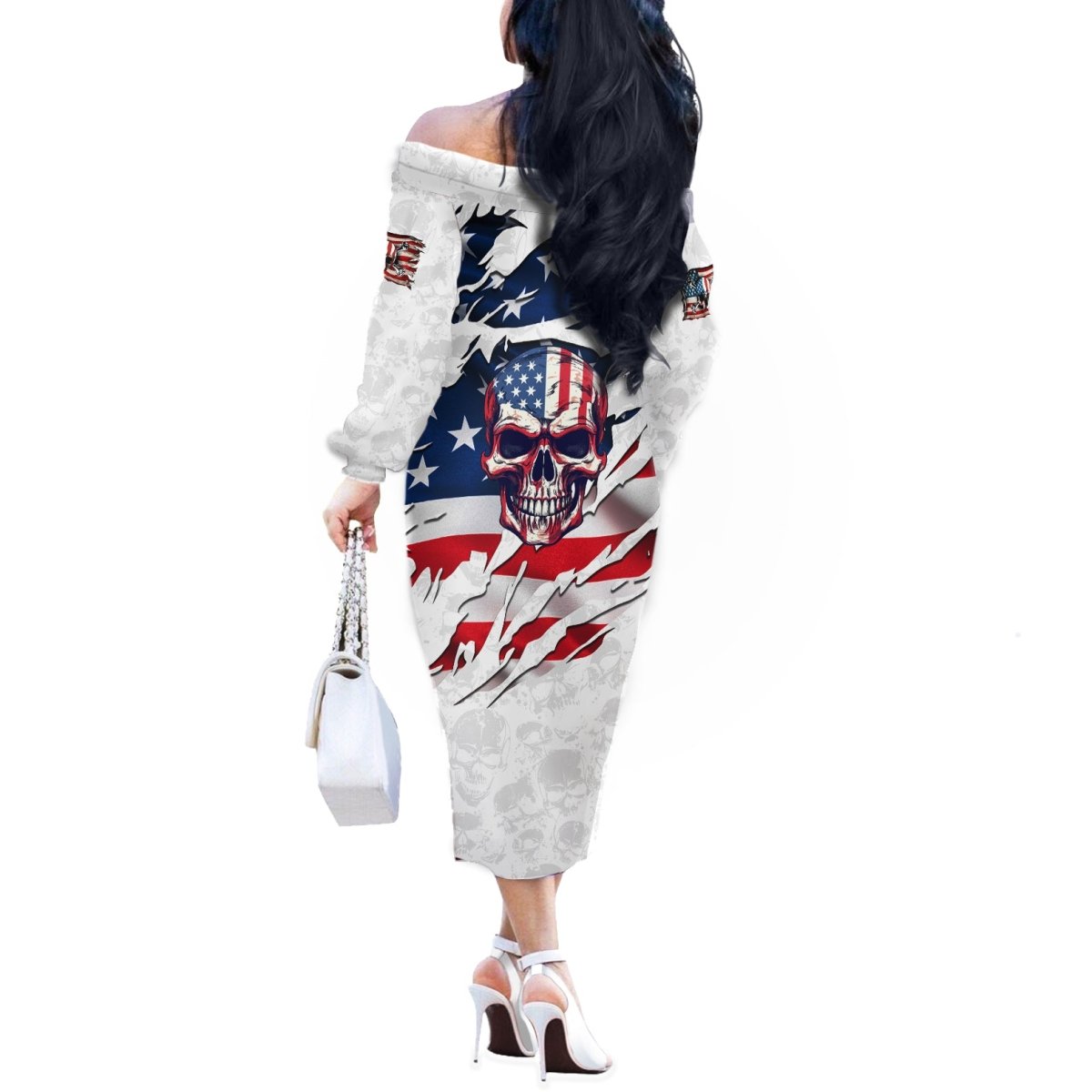 American Flag Skull Off The Shoulder Long Sleeve Dress DT02 - The Mazicc - Women - S - White
