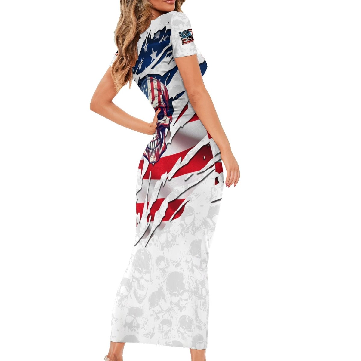 American Flag Skull Short Sleeve Bodycon Dress DT02 - The Mazicc - Long Dress - S - White
