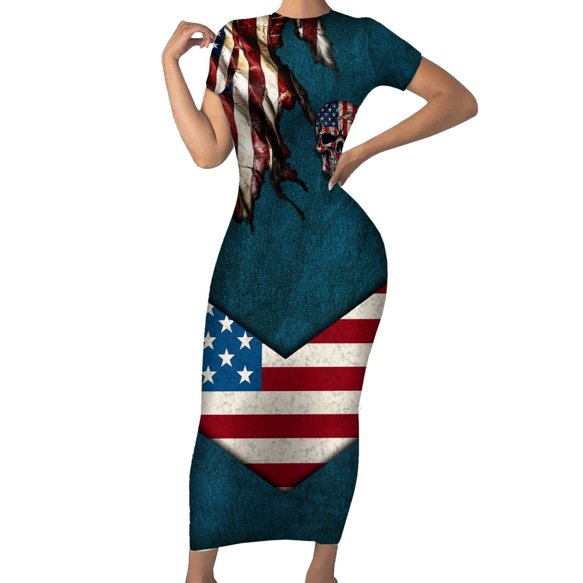 American Flag Skull Short Sleeve Bodycon Dress I'm an American I Have The Right To Bear Arms Your Approval Is Not Required TS04 - The Mazicc - Long Dress - S - Dark Cyan