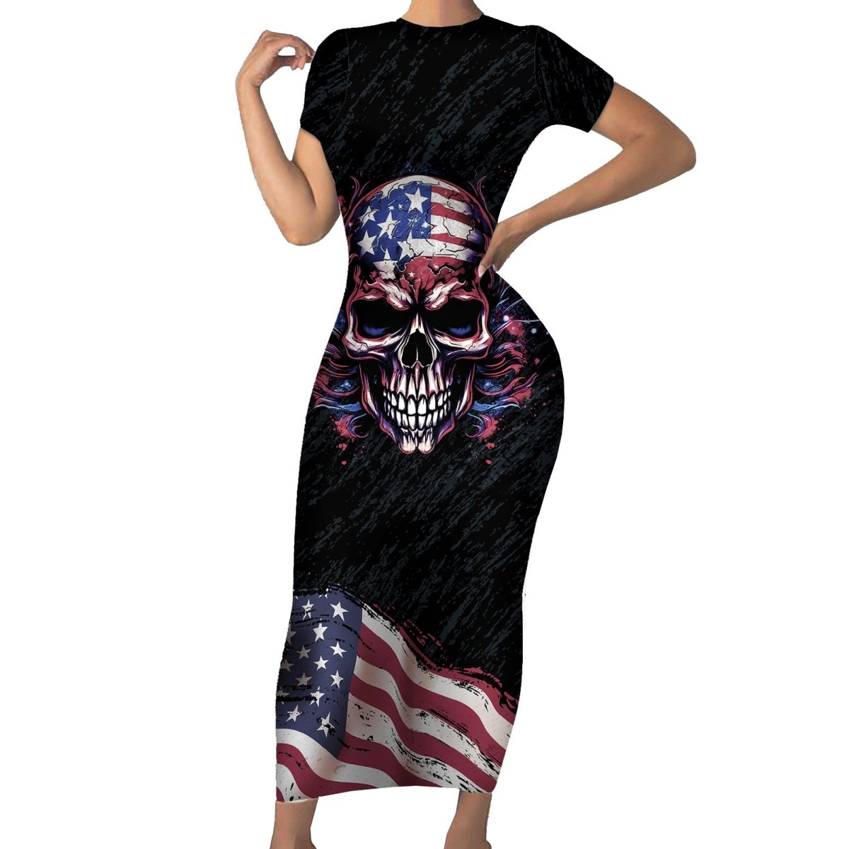 American Flag Skull Short Sleeve Bodycon Dress Sorry If My Patriotism Offends You Trust Me TS04 - The Mazicc - Long Dress - S - Black Grunge