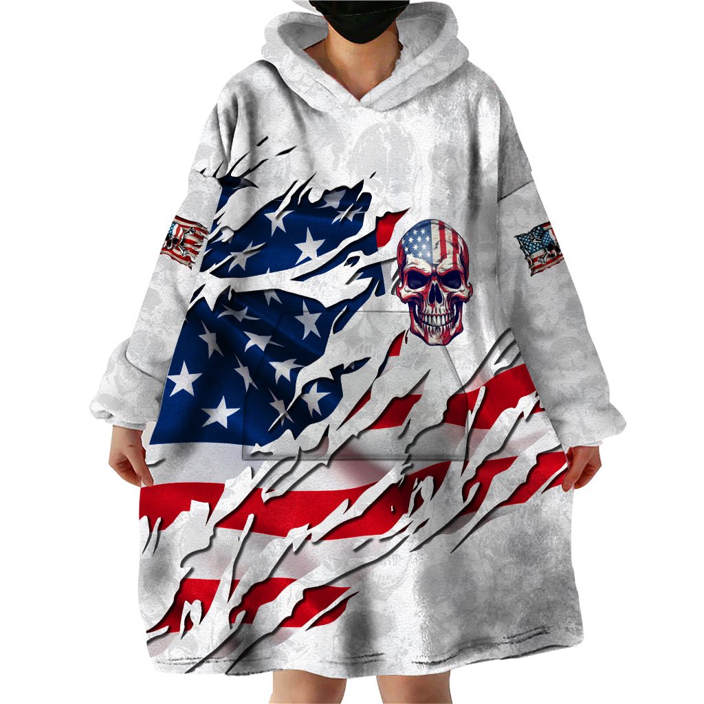 American Flag Skull Wearable Blanket Hoodie DT02 - The Mazicc - Adult - One Size - White