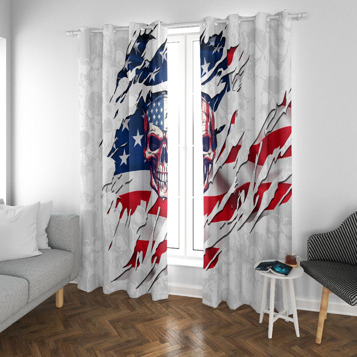 American Flag Skull Window Curtain DT02 - The Mazicc - With Grommets - 107cm x 213cm - White