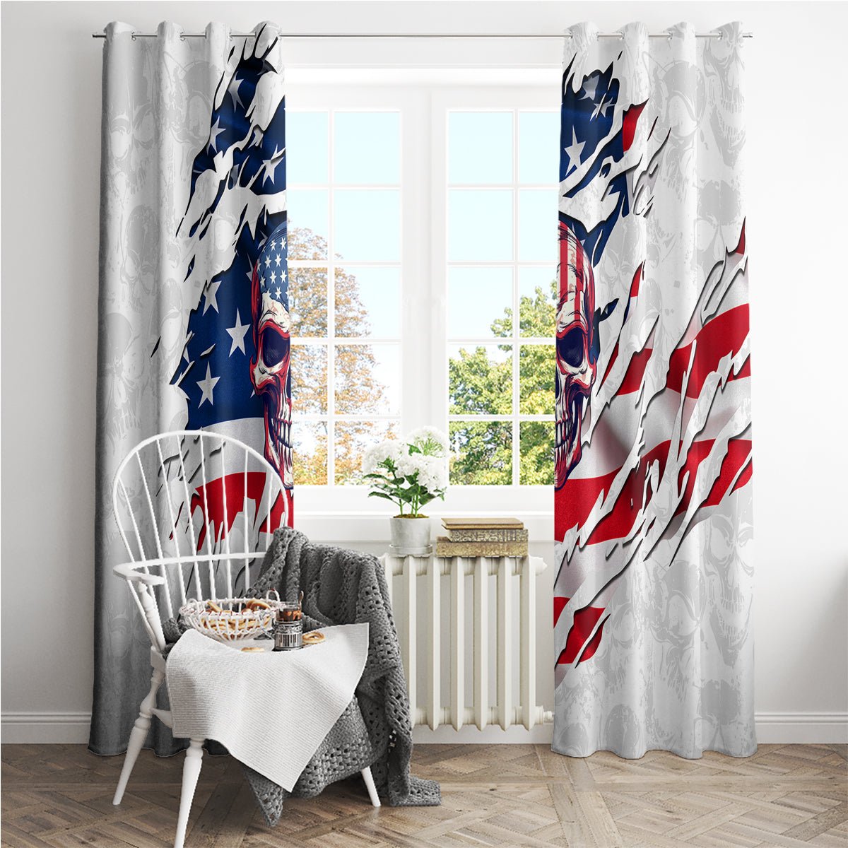 American Flag Skull Window Curtain DT02 - The Mazicc - With Hooks - 107cm x 213cm - White