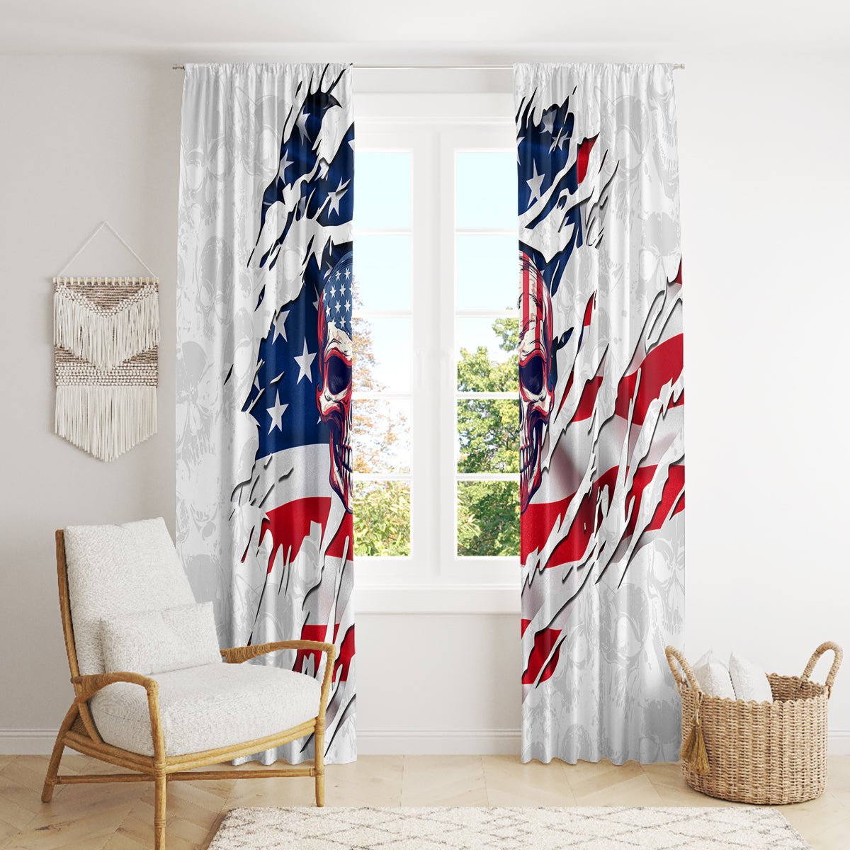 American Flag Skull Window Curtain DT02 - The Mazicc - With Hooks - 107cm x 213cm - White