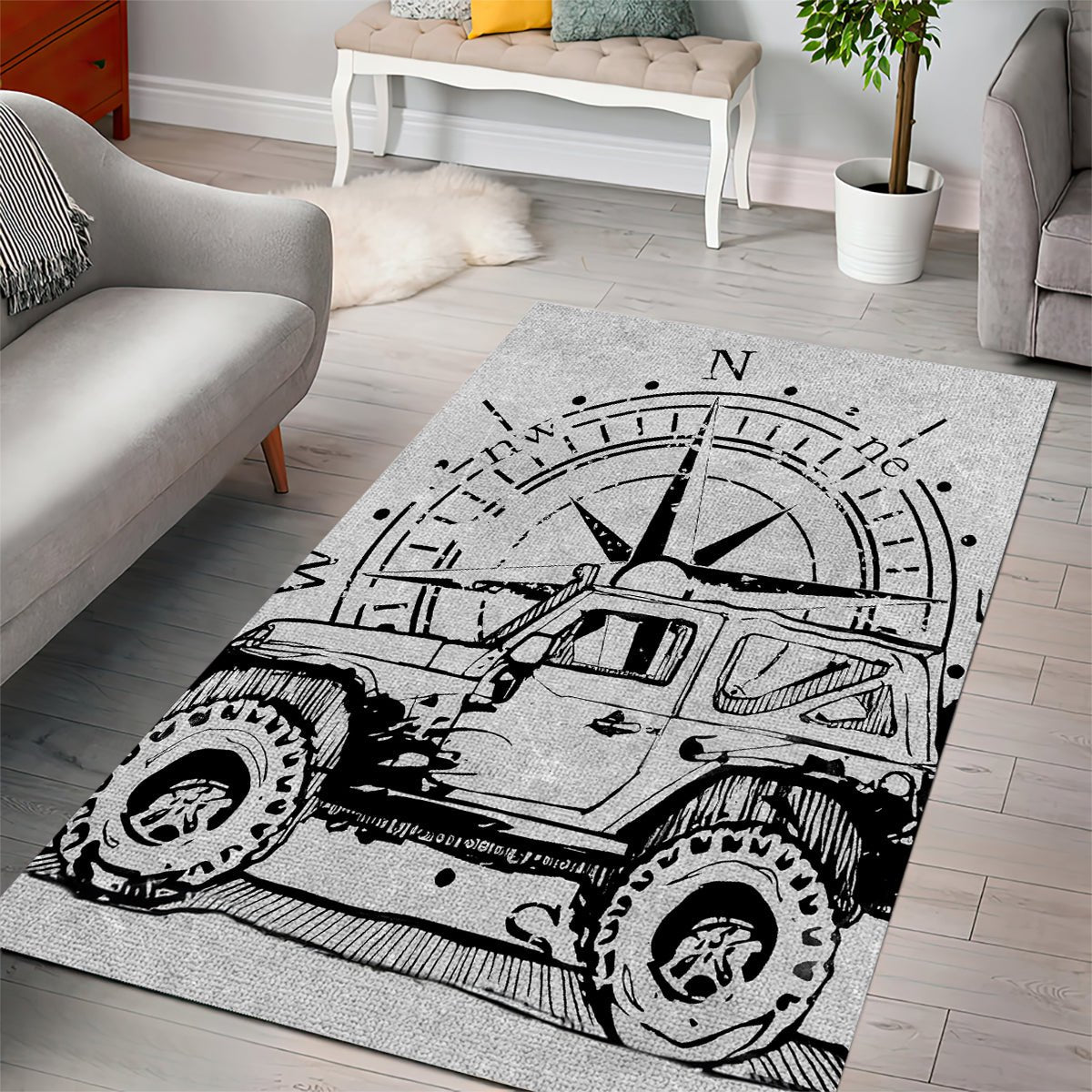 American Jeep Area Rug Sketch Art Jeep Life DT01 - The Mazicc - S - 36 x 60 inches - Gray