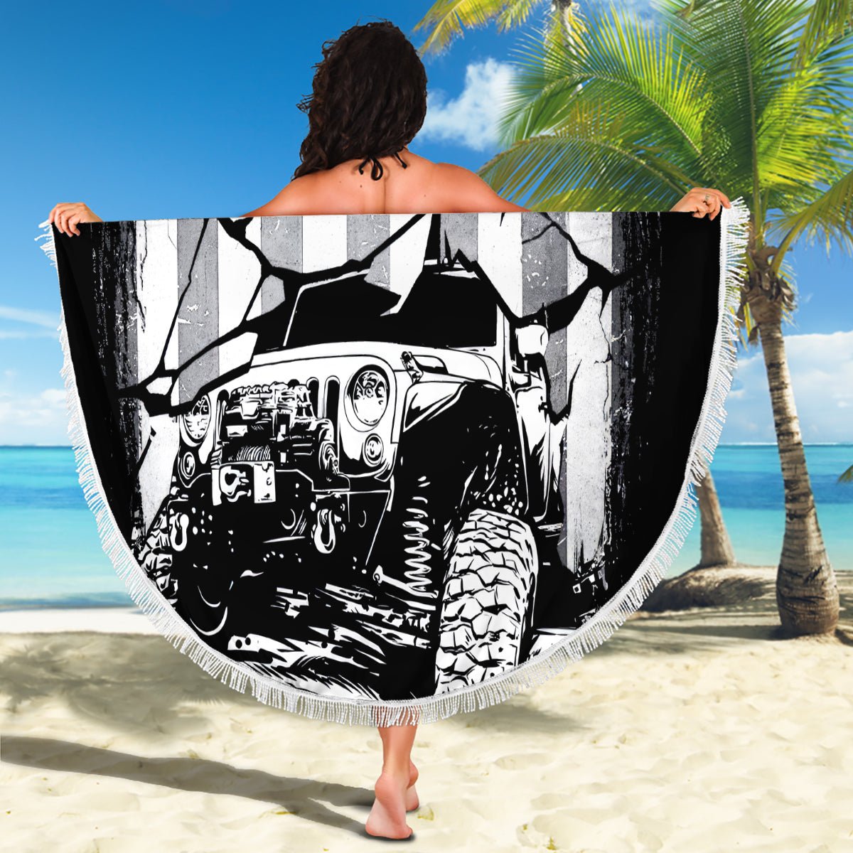 American Jeep Beach Blanket American Flag But Did You Die DT01 - The Mazicc - One Size - 150cm - White