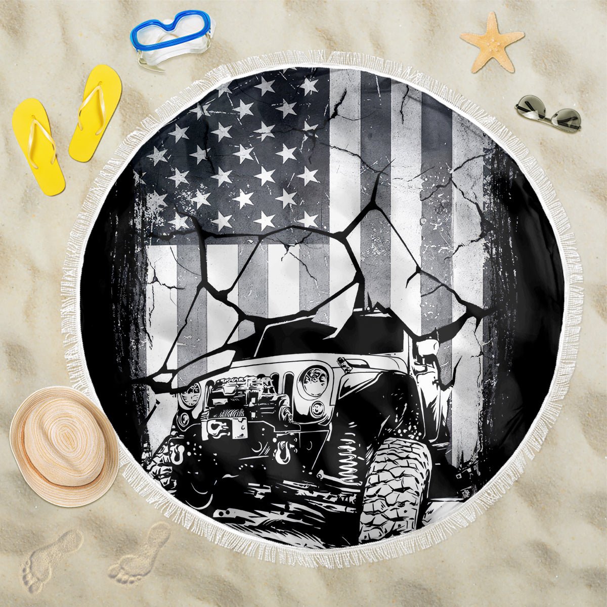 American Jeep Beach Blanket American Flag But Did You Die DT01 - The Mazicc - One Size - 150cm - White