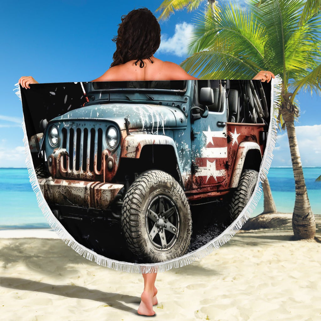 American Jeep Beach Blanket Vintage Jeep Life DT01 - The Mazicc - One Size - 150cm - Black