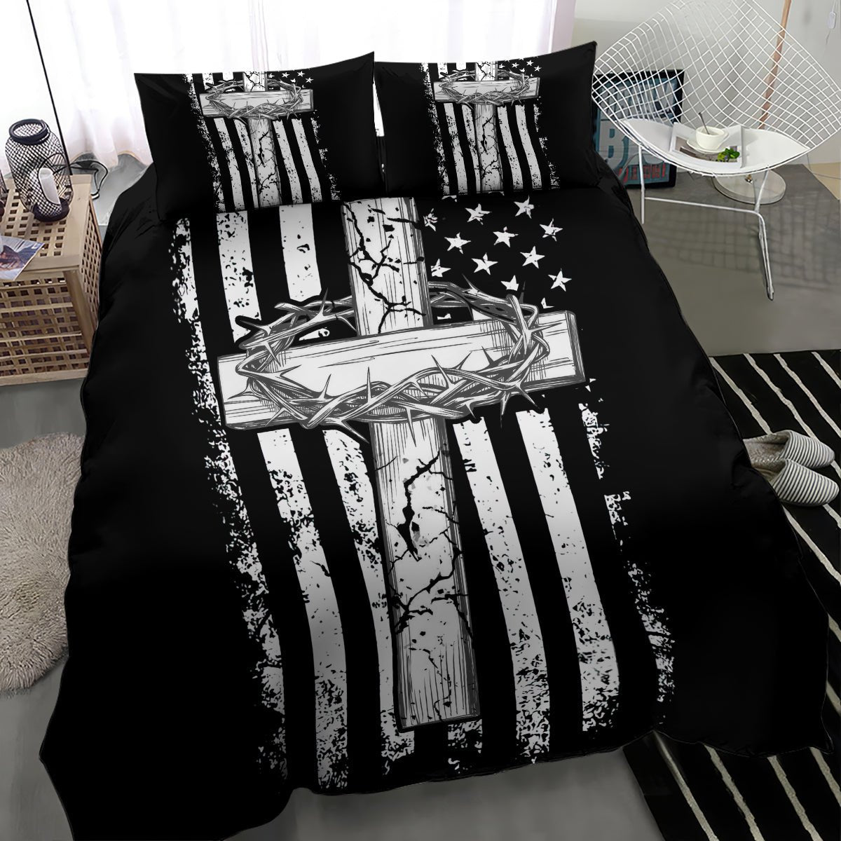 American Jeep Bedding Set One Nation Under God DT01 - The Mazicc - US Twin - 172cm x 218cm - Black