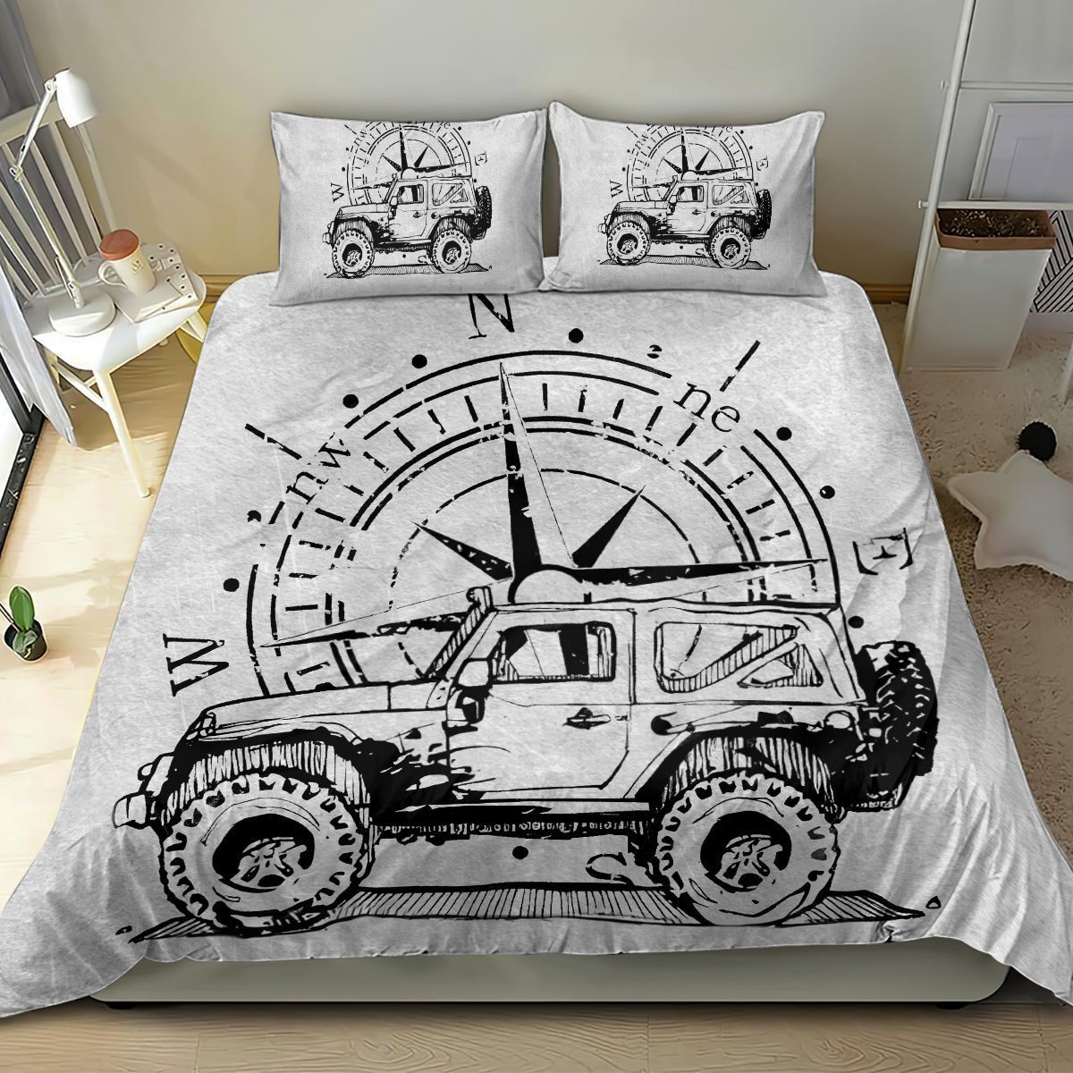 American Jeep Bedding Set Sketch Art Jeep Life DT01 - The Mazicc - US Twin - 172cm x 218cm - Gray