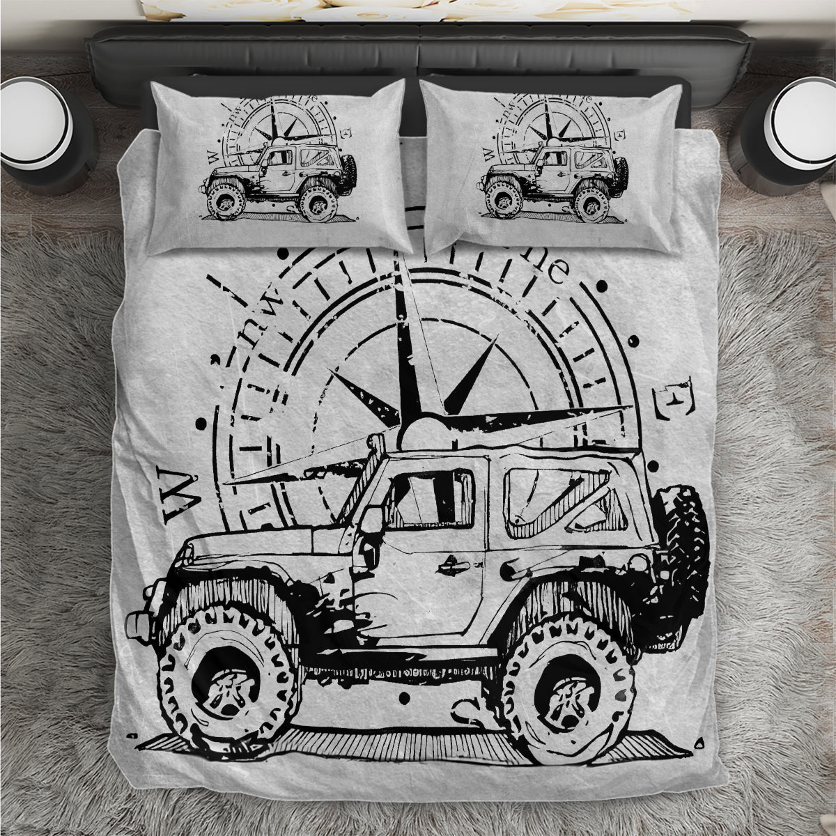 American Jeep Bedding Set Sketch Art Jeep Life DT01 - The Mazicc - US Twin - 172cm x 218cm - Gray