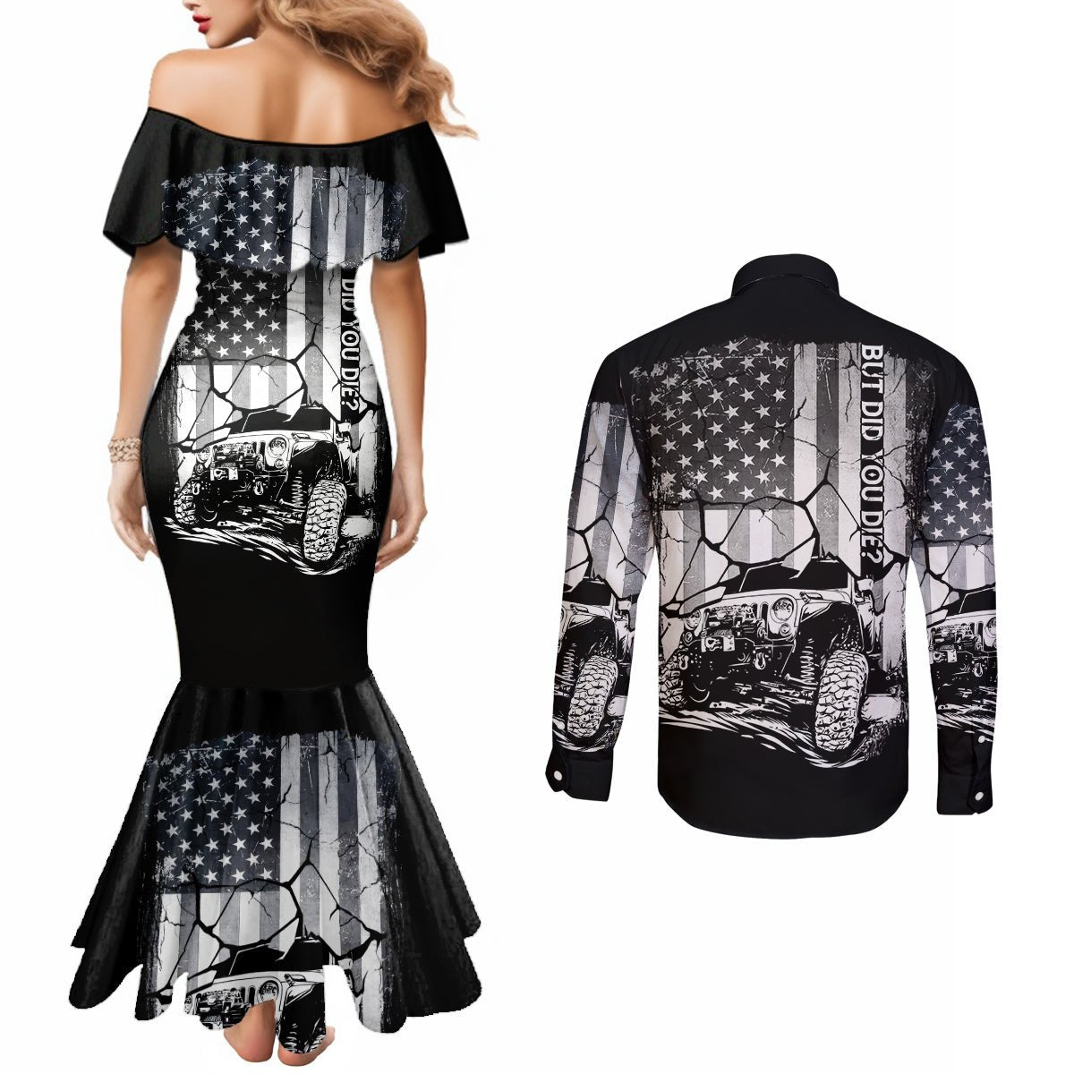 American Jeep Couples Matching Mermaid Dress and Long Sleeve Button Shirt American Flag But Did You Die DT01 - The Mazicc - S - S - White