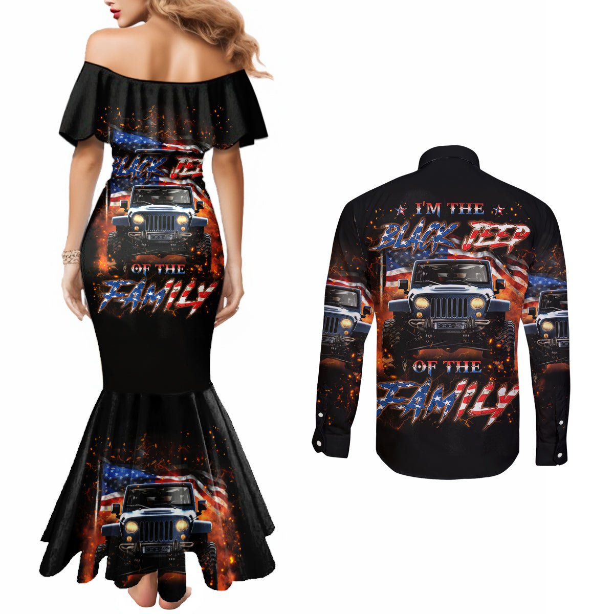 American Jeep Couples Matching Mermaid Dress and Long Sleeve Button Shirt I'm The Black Jeep Of The Family DT01 - The Mazicc - S - S - Black