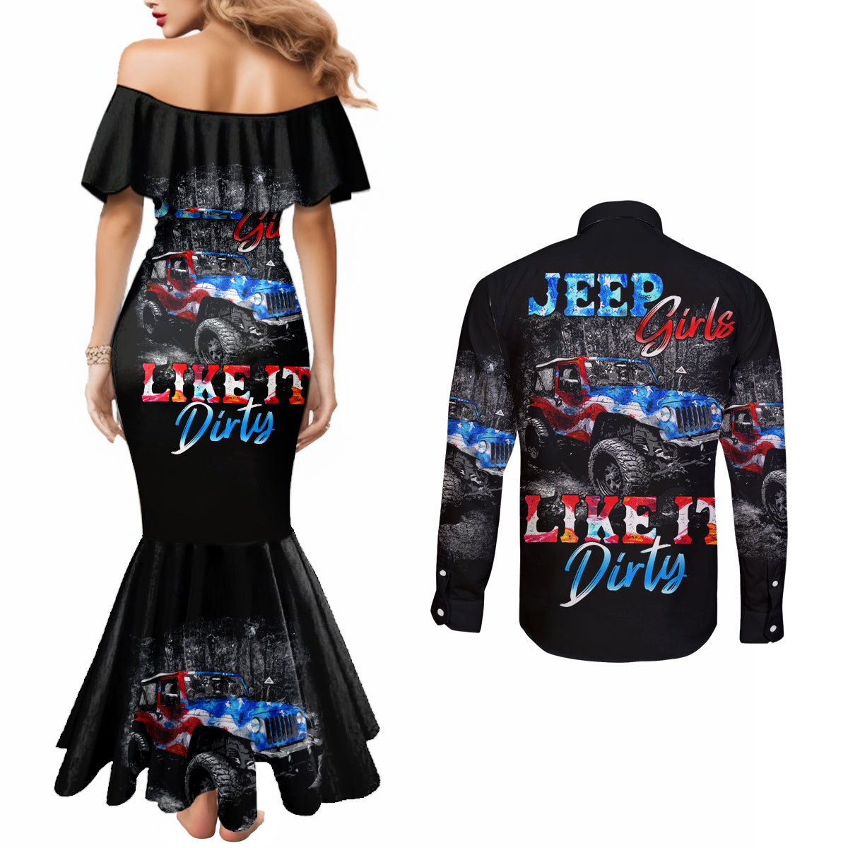 American Jeep Couples Matching Mermaid Dress and Long Sleeve Button Shirt Jeep Girls Like It Dirty DT01 - The Mazicc - S - S - Black