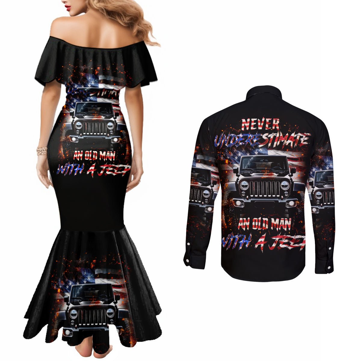 American Jeep Couples Matching Mermaid Dress and Long Sleeve Button Shirt Never Underestimate An Old Man With A Jeep DT01 - The Mazicc - S - S - Black