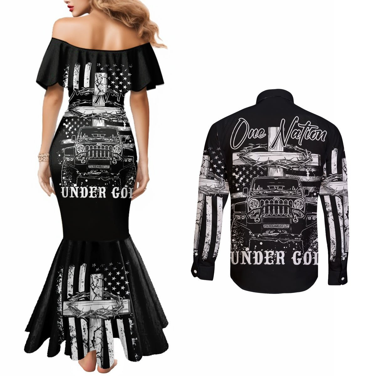 American Jeep Couples Matching Mermaid Dress and Long Sleeve Button Shirt One Nation Under God DT01 - The Mazicc - S - S - Black