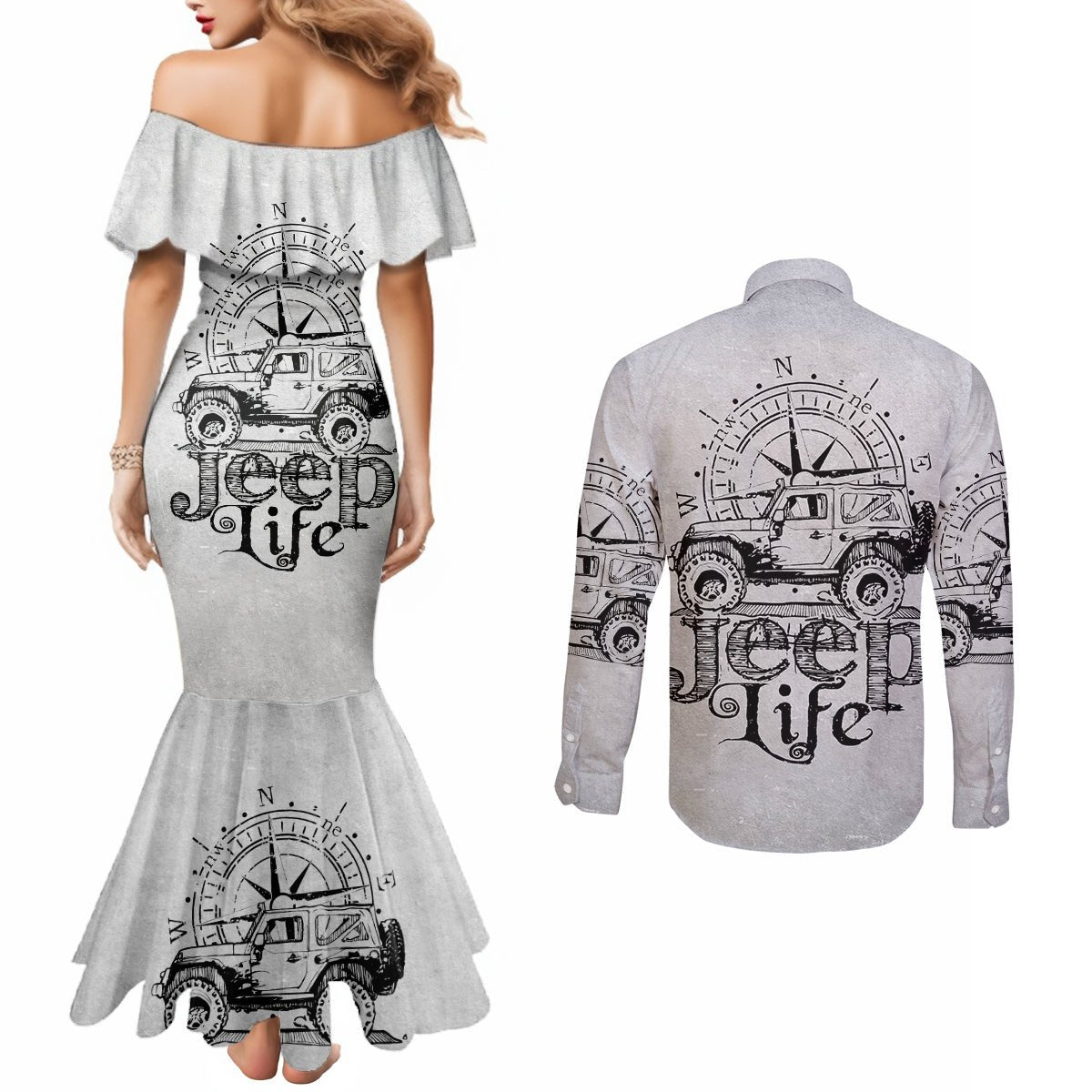 American Jeep Couples Matching Mermaid Dress and Long Sleeve Button Shirt Sketch Art Jeep Life DT01 - The Mazicc - S - S - Gray
