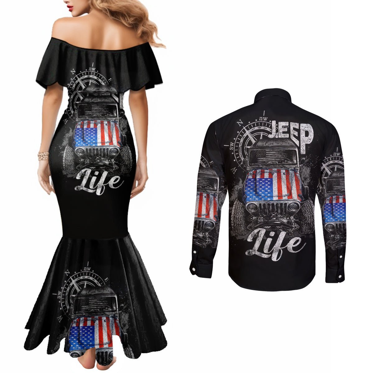 American Jeep Couples Matching Mermaid Dress and Long Sleeve Button Shirt Vintage Jeep Life DT01 - The Mazicc - S - S - Black