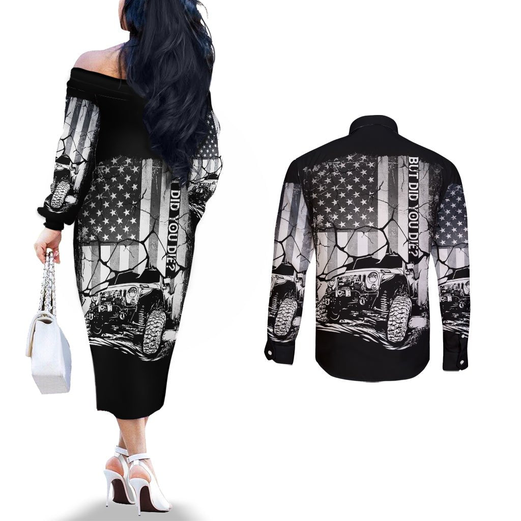 American Jeep Couples Matching Off The Shoulder Long Sleeve Dress and Long Sleeve Button Shirt American Flag But Did You Die DT01 - The Mazicc - S - S - White