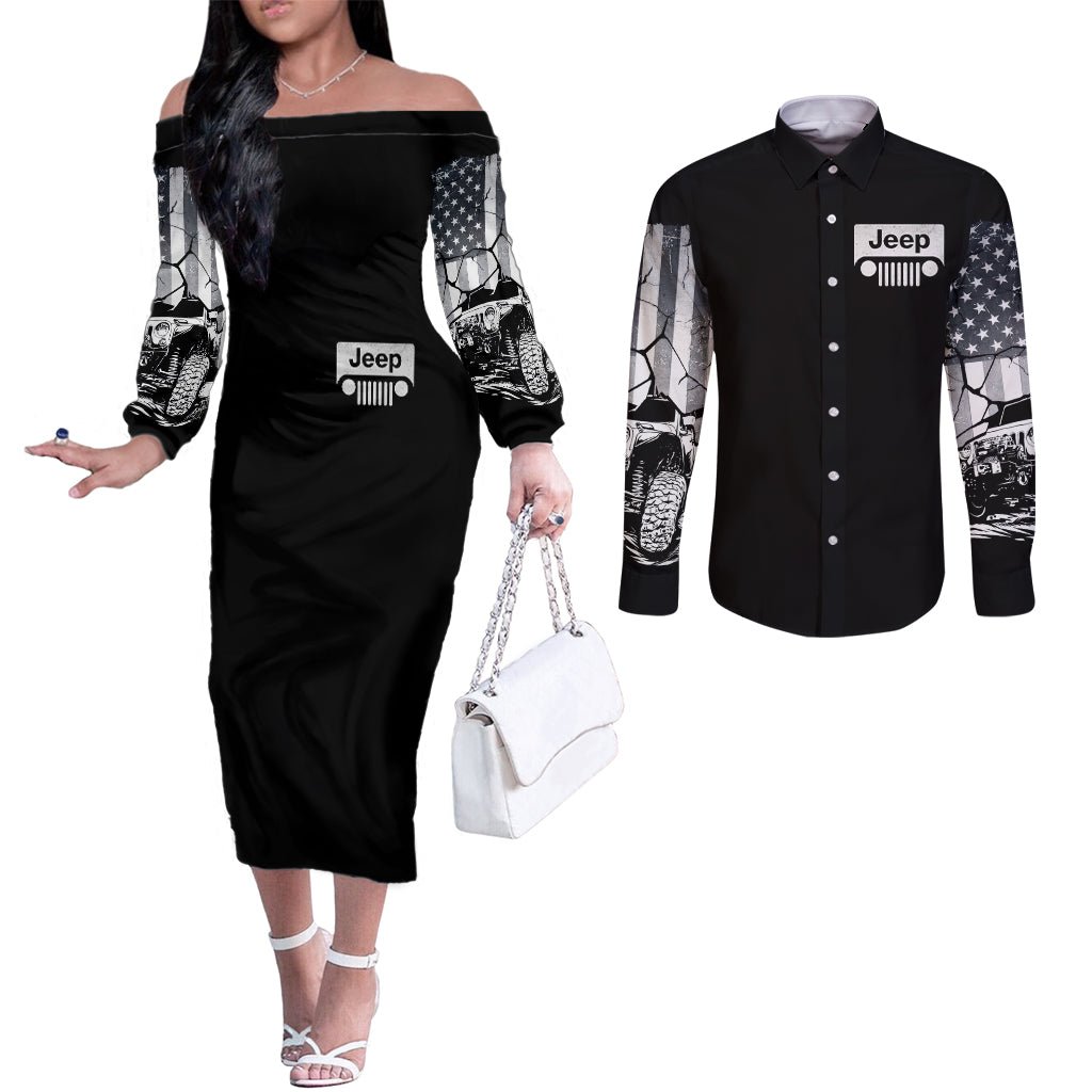 American Jeep Couples Matching Off The Shoulder Long Sleeve Dress and Long Sleeve Button Shirt American Flag But Did You Die DT01 - The Mazicc - S - S - White