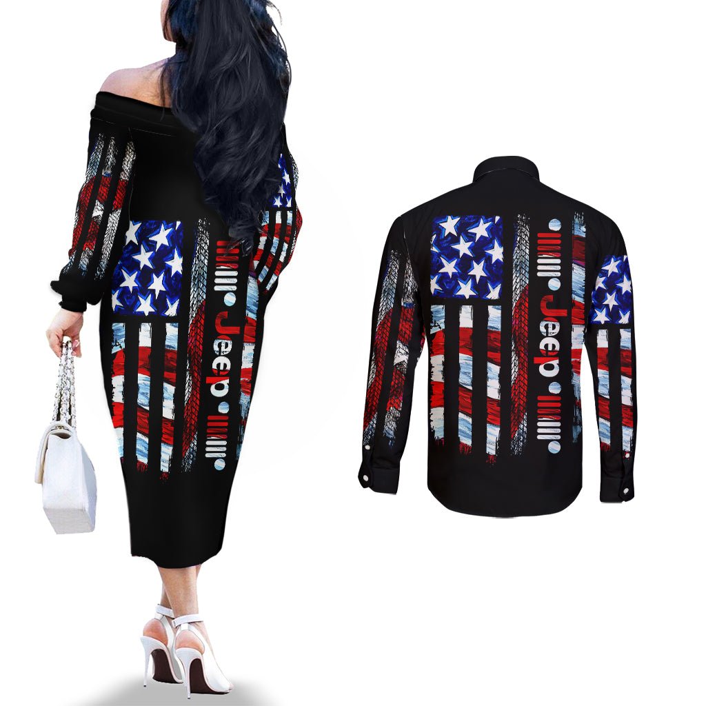 American Jeep Couples Matching Off The Shoulder Long Sleeve Dress and Long Sleeve Button Shirt American Flag Jeep Life DT01 - The Mazicc - S - S - Black