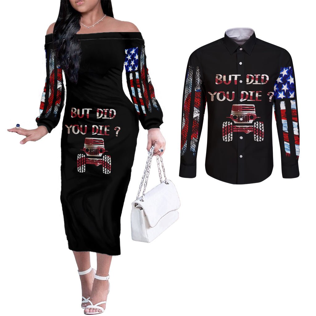 American Jeep Couples Matching Off The Shoulder Long Sleeve Dress and Long Sleeve Button Shirt American Flag Jeep Life DT01 - The Mazicc - S - S - Black