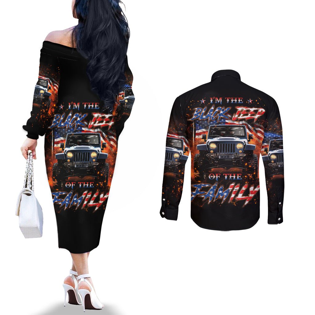 American Jeep Couples Matching Off The Shoulder Long Sleeve Dress and Long Sleeve Button Shirt I'm The Black Jeep Of The Family DT01 - The Mazicc - S - S - Black