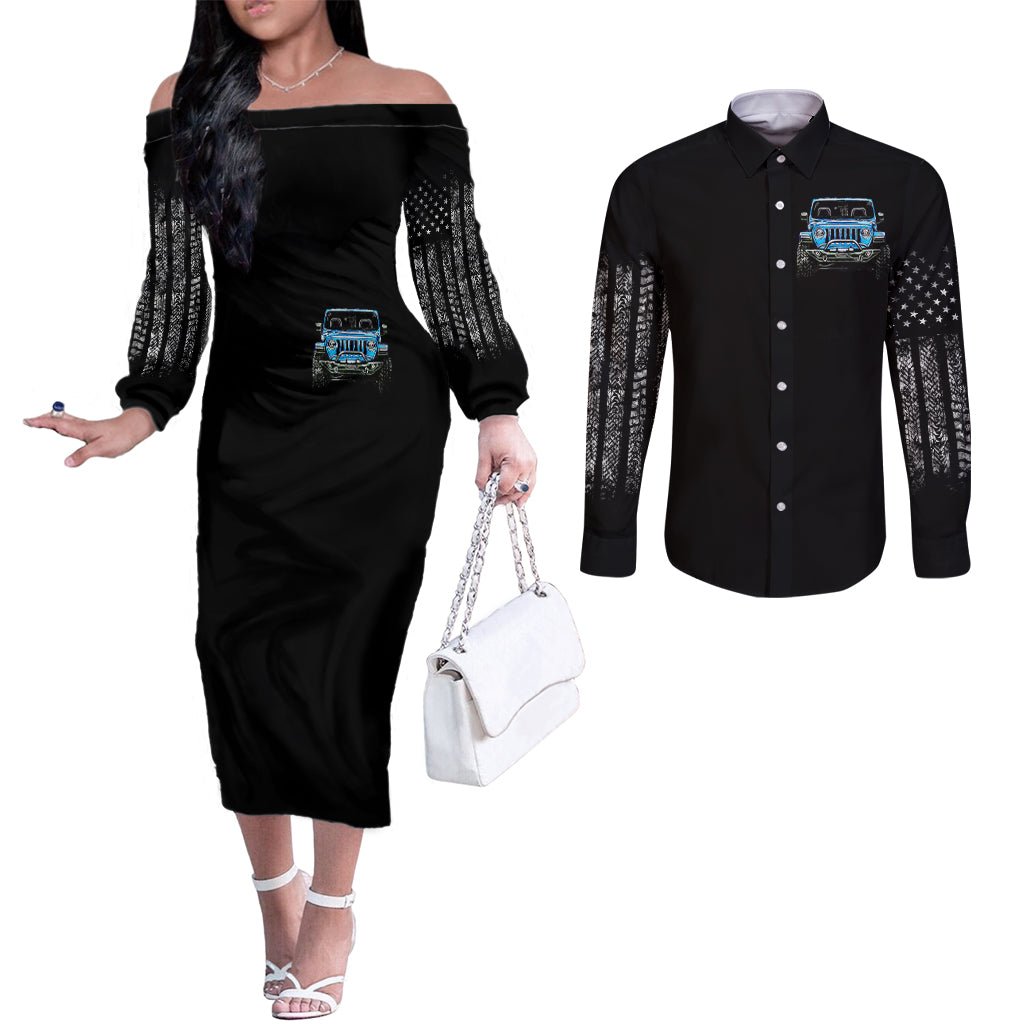American Jeep Couples Matching Off The Shoulder Long Sleeve Dress and Long Sleeve Button Shirt Once Upon A Time I Was An Asshole JKD I Still Am DT01 - The Mazicc - S - S - Black