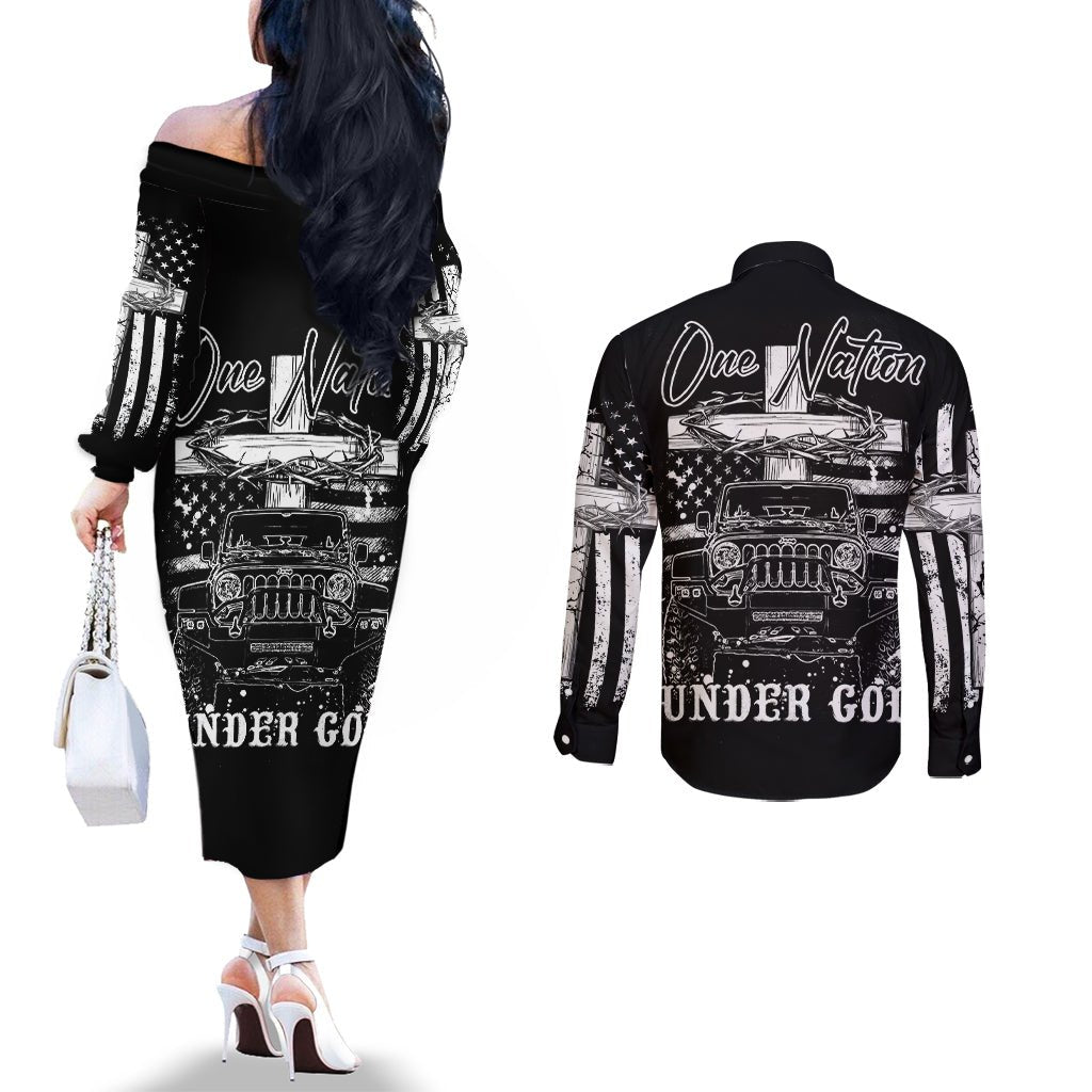 American Jeep Couples Matching Off The Shoulder Long Sleeve Dress and Long Sleeve Button Shirt One Nation Under God DT01 - The Mazicc - S - S - Black