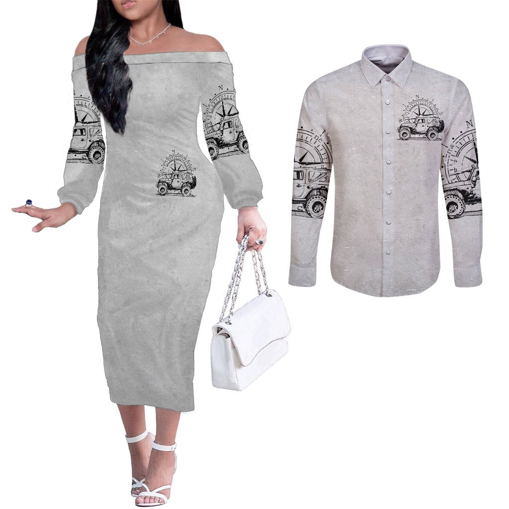American Jeep Couples Matching Off The Shoulder Long Sleeve Dress and Long Sleeve Button Shirt Sketch Art Jeep Life DT01 - The Mazicc - S - S - Gray