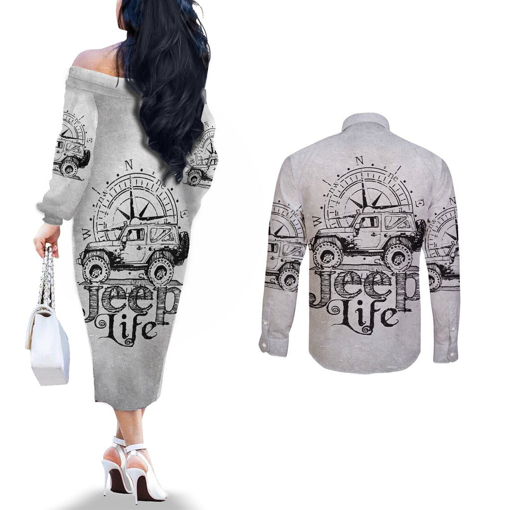 American Jeep Couples Matching Off The Shoulder Long Sleeve Dress and Long Sleeve Button Shirt Sketch Art Jeep Life DT01 - The Mazicc - S - S - Gray