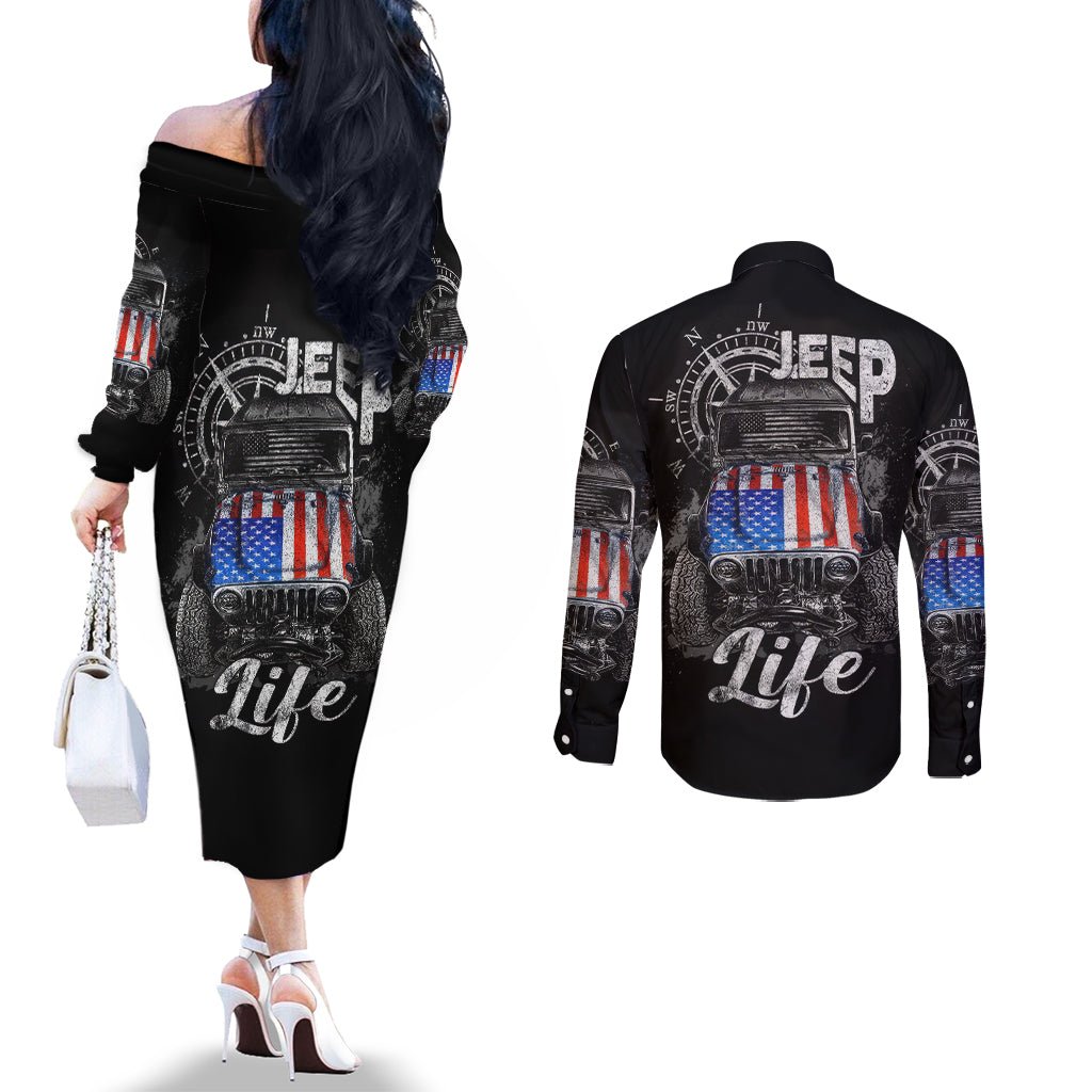 American Jeep Couples Matching Off The Shoulder Long Sleeve Dress and Long Sleeve Button Shirt Vintage Jeep Life DT01 - The Mazicc - S - S - Black