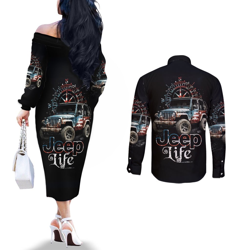 American Jeep Couples Matching Off The Shoulder Long Sleeve Dress and Long Sleeve Button Shirt Vintage Jeep Life DT01 - The Mazicc - S - S - Black