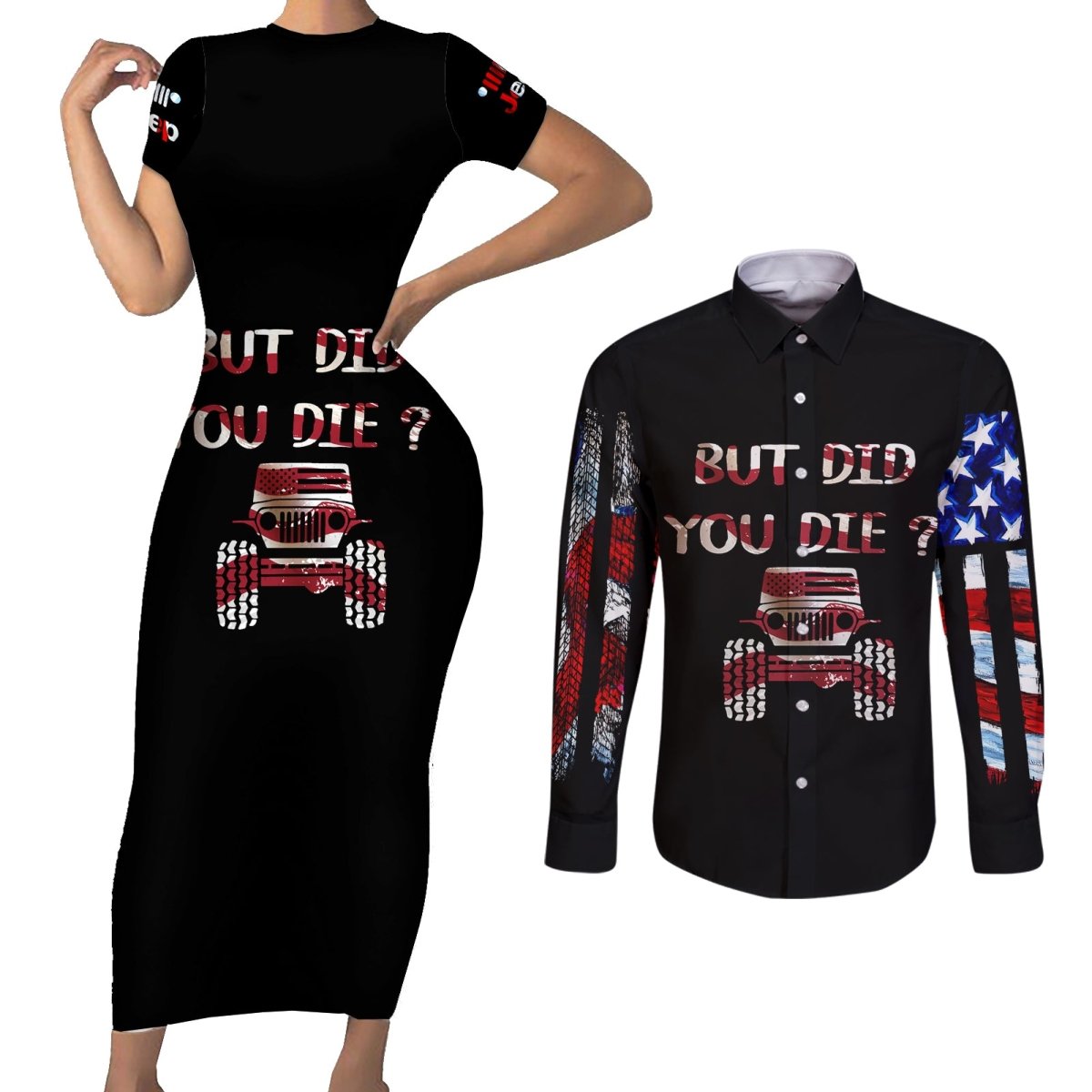 American Jeep Couples Matching Short Sleeve Bodycon Dress and Long Sleeve Button Shirt American Flag Jeep Life DT01 - The Mazicc - S - S - Black