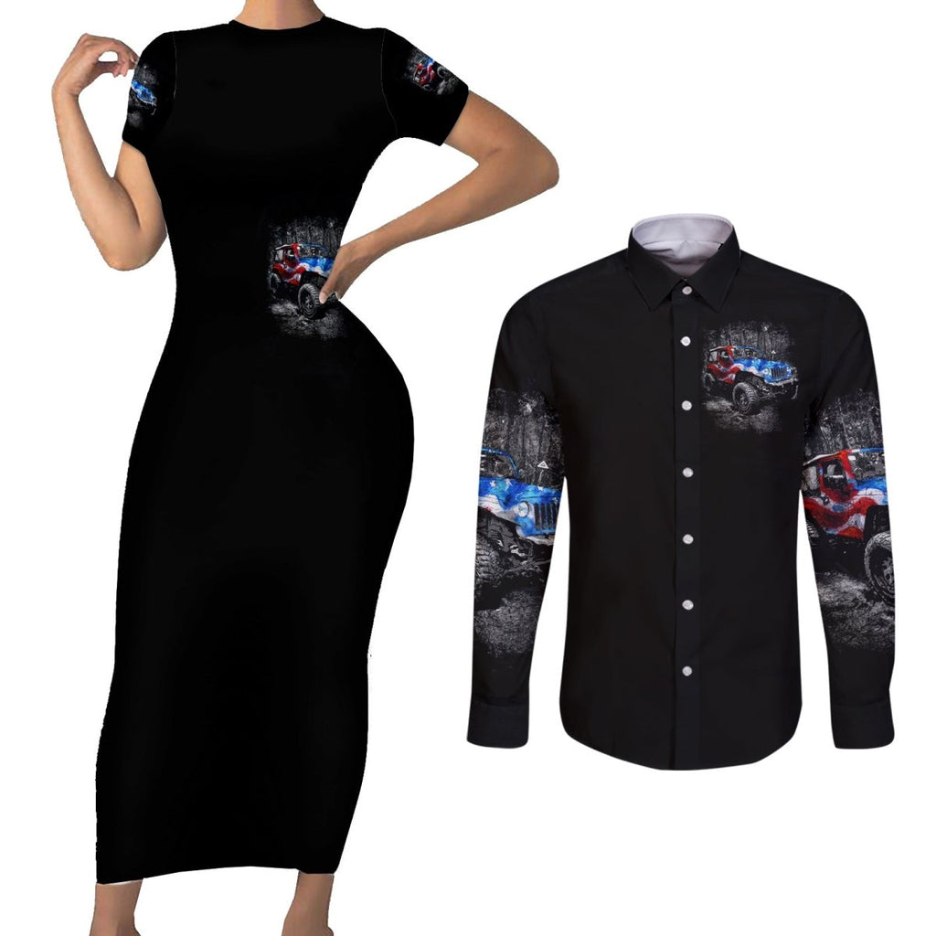 American Jeep Couples Matching Short Sleeve Bodycon Dress and Long Sleeve Button Shirt Jeep Girls Like It Dirty DT01 - The Mazicc - S - S - Black