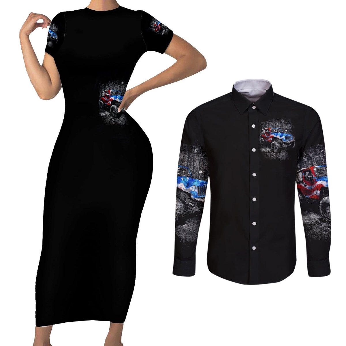 American Jeep Couples Matching Short Sleeve Bodycon Dress and Long Sleeve Button Shirt Jeep Girls Like It Dirty DT01 - The Mazicc - S - S - Black