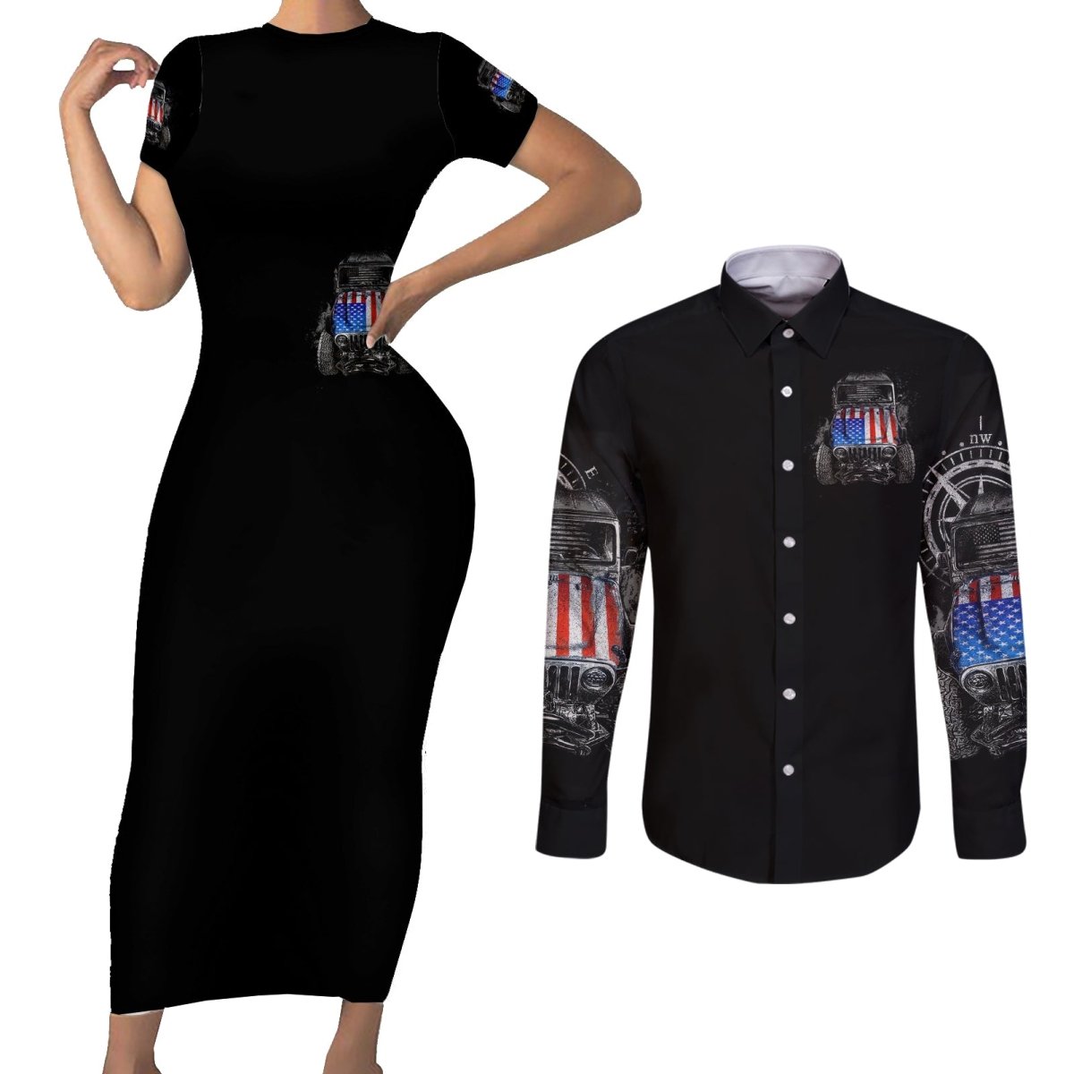 American Jeep Couples Matching Short Sleeve Bodycon Dress and Long Sleeve Button Shirt Vintage Jeep Life DT01 - The Mazicc - S - S - Black