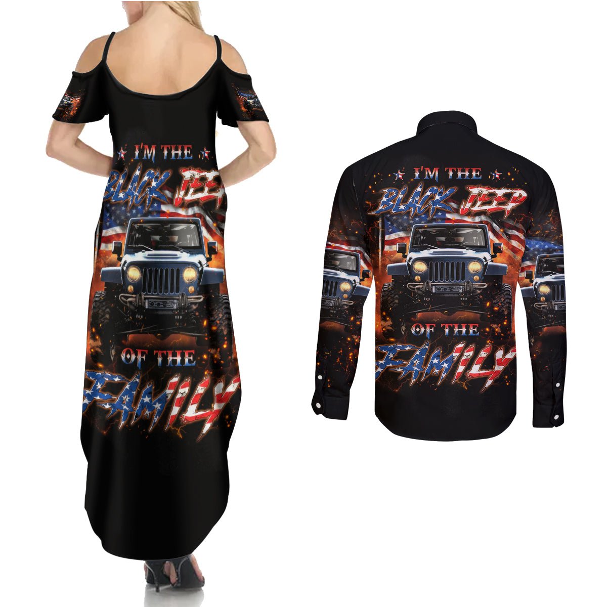 American Jeep Couples Matching Summer Maxi Dress and Long Sleeve Button Shirt I'm The Black Jeep Of The Family DT01 - The Mazicc - S - S - Black
