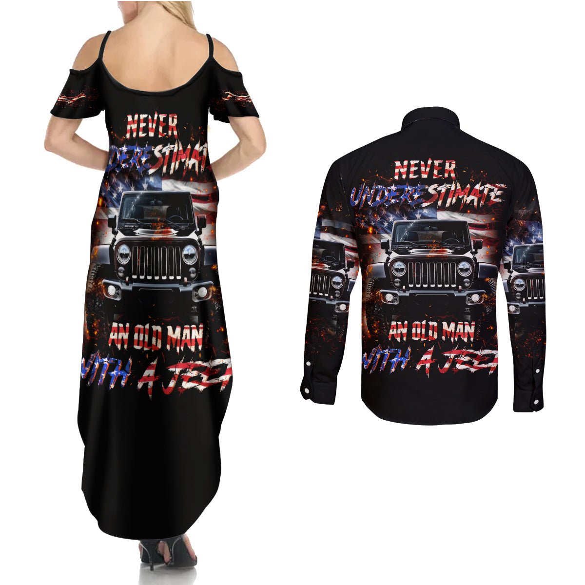 American Jeep Couples Matching Summer Maxi Dress and Long Sleeve Button Shirt Never Underestimate An Old Man With A Jeep DT01 - The Mazicc - S - S - Black