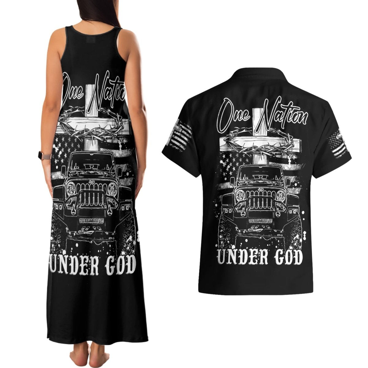 American Jeep Couples Matching Tank Maxi Dress and Hawaiian Shirt One Nation Under God DT01 - The Mazicc - S - S - Black
