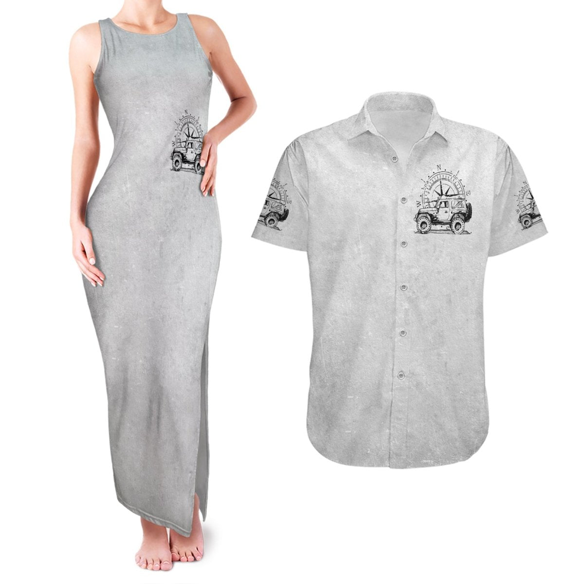 American Jeep Couples Matching Tank Maxi Dress and Hawaiian Shirt Sketch Art Jeep Life DT01 - The Mazicc - S - S - Gray